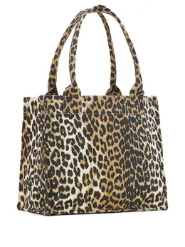 Ganni 30540806 Leopard-Print Canvas Beige Tote Bag with Logo Lettering, Dual Top Handles, Spacious Interior