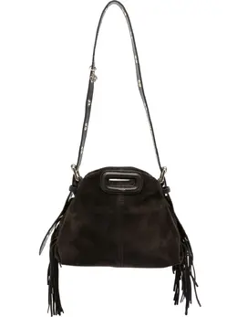 Maje Dark Brown Textured Suede Shoulder Bag With Fringe Detailing, Cut-out Top Handle And Gold-tone Eyelets - Article 30676982