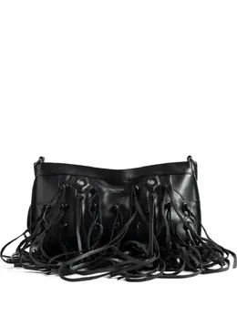 Zadig & Voltaire 30545858: Black Leather-Fringe Clutch with Silver-Tone Hardware, Flap Closure, Detachable Shoulder Strap