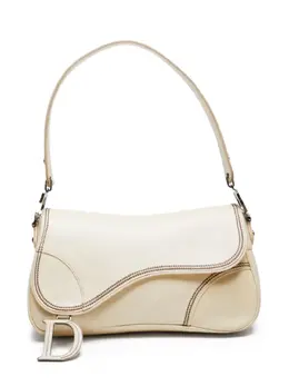 Christian Dior 2000-2005 Saddle Shoulder Bag, Beige Leather with Single Top Handle, D-shaped Charm, Stitched Detail, Silver-tone Hardware, Article: 31667895