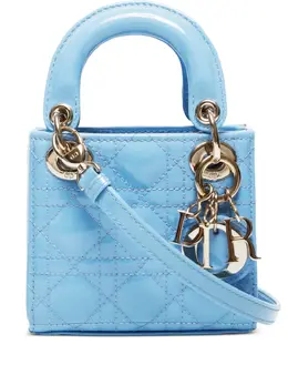 Christian Dior Mini Lady Dior Shoulder Bag - Patent Light Blue Quilted Pattern with Detachable Handles and Logo Charm - Article No 3168435