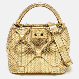 Valentino Gold Python Small Roman Stud Top Handle Bag 1198386