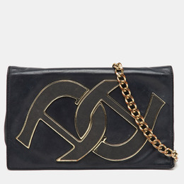 Aigner Black Leather Logo Flap Chain Shoulder Bag 1198013