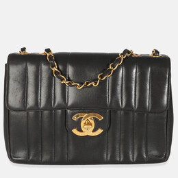 Chanel Vintage Black Lambskin Vertical Stitch Jumbo XL Flap Bag 1198158