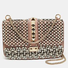 Valentino Light Pink Leather Medium Rockstud Glam Crystals Embellished Lock Flap Bag 1199903