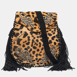Roberto Cavalli Brown/Black Leopard Print Calf Hair Embroidered Tassel Crossbody Bag 1199998