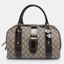 Gucci Brown/Beige GG Supreme Canvas and Patent Leather Buckle Flap Boston Bag 1198724