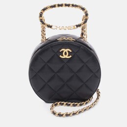 Chanel Black Quilted Lambskin Oval Logo Chain Top Handle Round Clutch on Chain 1201302