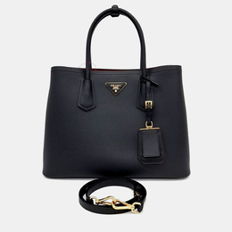 Prada Black Leather Saffiano Double Tote and Shoulder Bag 1202049