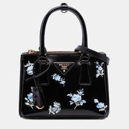 Prada Black Mini Brushed Leather Floral Print Galleria Double Zip Satchel 1201555