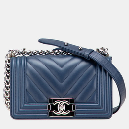 Chanel Boy V-Stitch Blue Lambskin Leather Shoulder Bag 1202184
