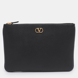 Valentino Black Leather VLogo Zip Pouch Clutch 1203021