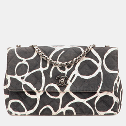 Chanel Black White Medium CC Quilted Printed Canvas Single Flap Bag 1202703
