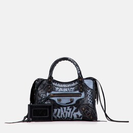 Balenciaga Black Blue Mini Lambskin Motocross Graffiti Classic City Satchel 1202512