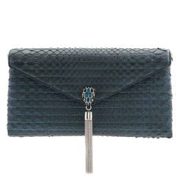 Bvlgari Metallic Teal Python Serpenti Forever Tassel Clutch 288168-sd