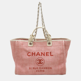 Chanel Deauville Tote Gm Bag Chain Shoulder Canvas Leather Pink White 1204328