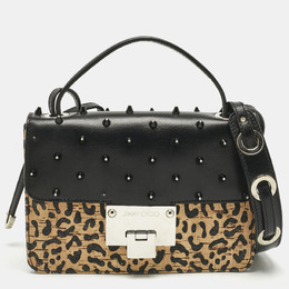 Jimmy Choo Black/Beige Leopard Print Cork and Leather Rebel Embellished Crossbody Bag 1204140