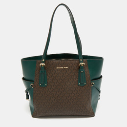 Michael Kors Green/Brown Signature Coated Canvas and Leather Voyager East West Tote 1204187