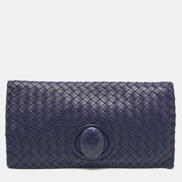 Bottega Veneta Blue Intrecciato Leather Twist Lock Flap Clutch 1204072