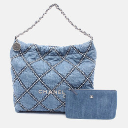 Chanel 22 Chain Shoulder Tote Bag Denim Leather Navy 1203487