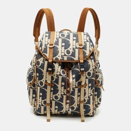 Christian Dior Blue/Beige Oblique Denim and Raffia Hit The Road Backpack 1202275