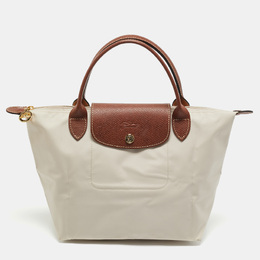 Longchamp Beige/Brown Nylon and Leather Small Short Le Pliage Tote 1204638