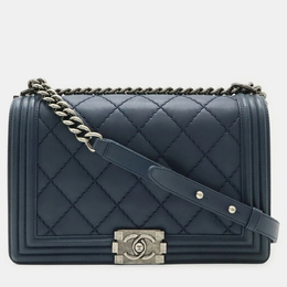 Chanel Boy Chanel Navy Calfskin Leather Matelassé Coco Mark Wild Stitch Chain Shoulder Bag 1204304