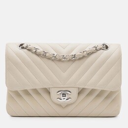 Chanel Classic Double Flap Small White Chevron Lambskin Shoulder Bag 1204770