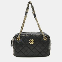 Chanel Matelasse Coco Mark Black Lambskin and Tweed Shoulder Bag 1205571