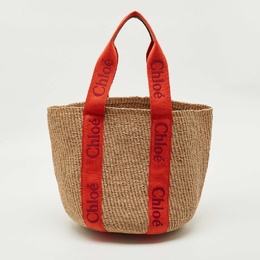 Chloe Beige/Orange Woven Raffia and Canvas Woody Basket Bag 1205488