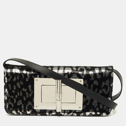 Tom Ford Black/Silver Leopard Print Sequins and Leather Natalia Long Clutch Bag 1205457