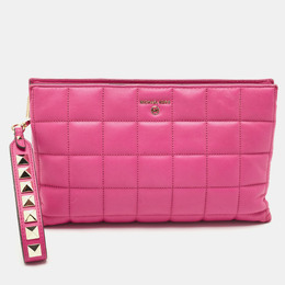 Michael Kors Pink Quilted Leather Wristlet Studded Clutch 1205598