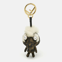 Fendi Tobacco/White Zucca Fabric and Fox Fur F is Fendi Space Monkey Bag Charm 1205343