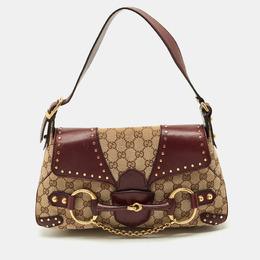 Gucci Burgundy/Beige GG Canvas and Leather Horsebit Chain Shoulder Bag 1205473