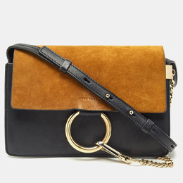 Chloe Navy Blue/Mustard Leather and Suede Small Faye Shoulder Bag 1205489