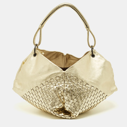 Bottega Veneta Metallic Gold Leather Intrecciato Aquilone Fortune Cookie Hobo 1205120