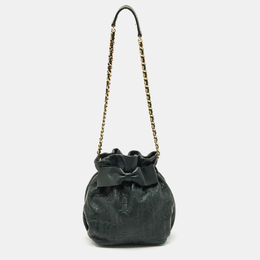 Carolina Herrera Dark Green Monogram Embossed Leather Bow Bucket Bag 1205779