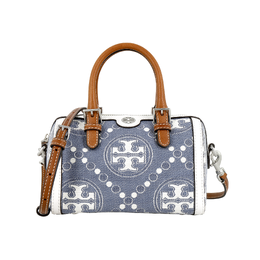 Tory Burch Сумка-бомбер "T Monogram" из джинсовой ткани с жаккардовой отделкой из телячьей кожи, жемчужно-голубого цвета, небольшого размера 148688-400