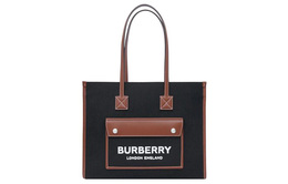 Burberry Винтажная сумка-тоут из холщовой ткани с телячьей кожей, сумка для покупок, женская сумка-труба, черно-коричневая 80576001