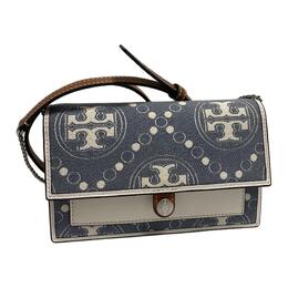 Tory Burch Сумка-кошелек с жаккардовой отделкой из кожи и монограммой, жемчужно-голубого цвета, через плечо, жемчужно-синяя 150458-400