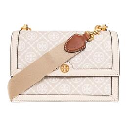 Tory Burch Сумка через плечо с монограммой T и кожаной отделкой, женская, небольшого размера, цвет миндально-белый 147596-254