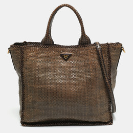Prada Beige/Brown Woven Madras Leather Large Tote 1206911