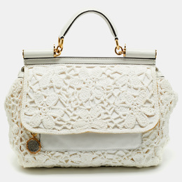 Dolce & Gabbana White Crochet Fabric Large Miss Sicily Top Handle Bag 1206607