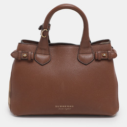 Burberry Brown/Beige House Check Fabric and Leather Small Banner Tote 1206492