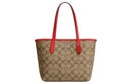 Coach Сумка-шоппер City Canvas с кожаной сумкой-шоппером, дамской сумкой, сумкой на плечо, мини-сумка для женщин, цвета серебристый, хаки и красный майами cn733-svuc3