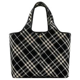 Burberry Сумка-шоппер из хлопка с тканью и гладкой телячьей кожей, сумка для покупок, женская сумка среднего размера, черная и ситцевая 80939781