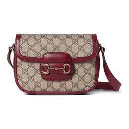 Gucci Сумка Horsebit 1955 из холста с кожаной пряжкой, женская, бежево-красная 815205-fad6m-8759