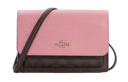 Coach Женская кожаная сумка-пояс Trumpets с откидным клапаном, через плечо, коричневая, с монограммой и розовой ракушкой c7618-imtl9