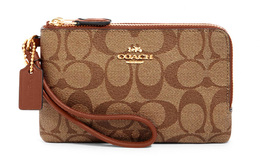Coach Сумка-клатч из парусины с угловой молнией и кожаным отделением для монет, обычная женская коричневая 87591-ims5u