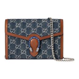 Gucci Сумка-кошелек Dionysus из денима с кожаным кошельком, мини-сумка через плечо для женщин, серо-голубая/коричневая 401231-2kqfn-4483